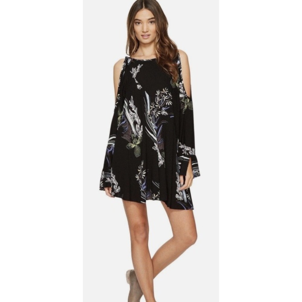 Free People Clear Skies Black‎ Floral Cold Shoulder Tunic Dress Size Small
